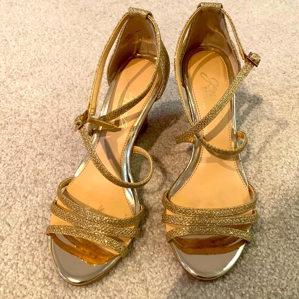 Badgley Mischka gold glitter wedge sandals